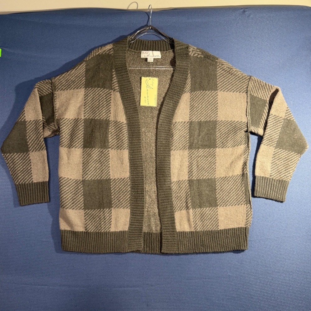 Vintage Havanna Checker Plaid Long Cardigan Taupe Green oversized Unisex Medium